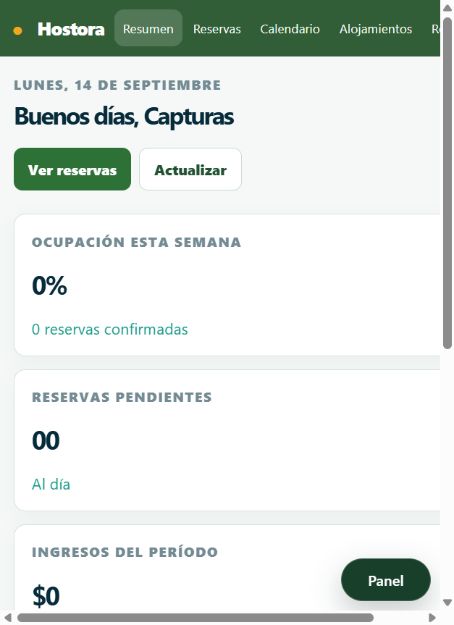 Vista real del resumen de Hostora